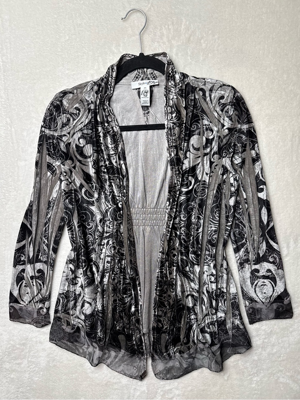 Style & Co. Black and Silver Velvet Paisley Patterned Open-Front Cardigan Mesh S